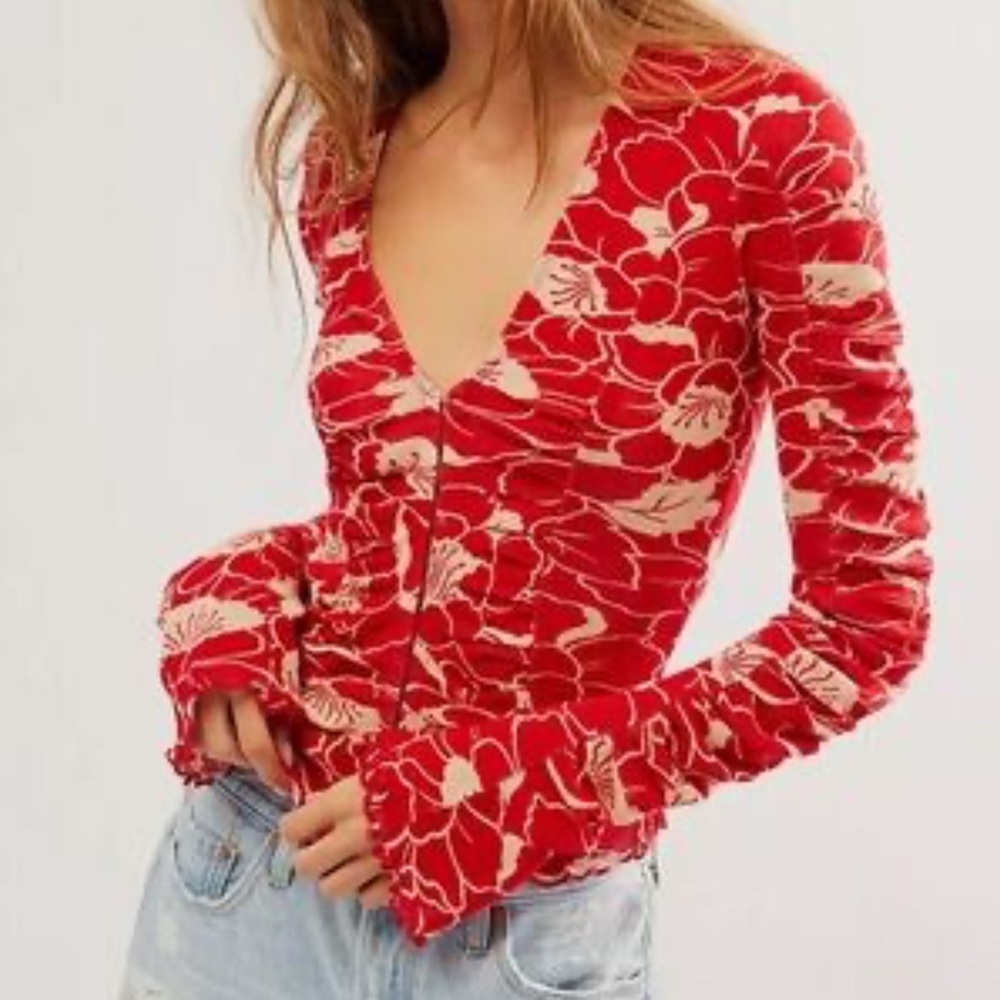 NWOT Free People Through the Meadow Ruched Mesh Top SZ L